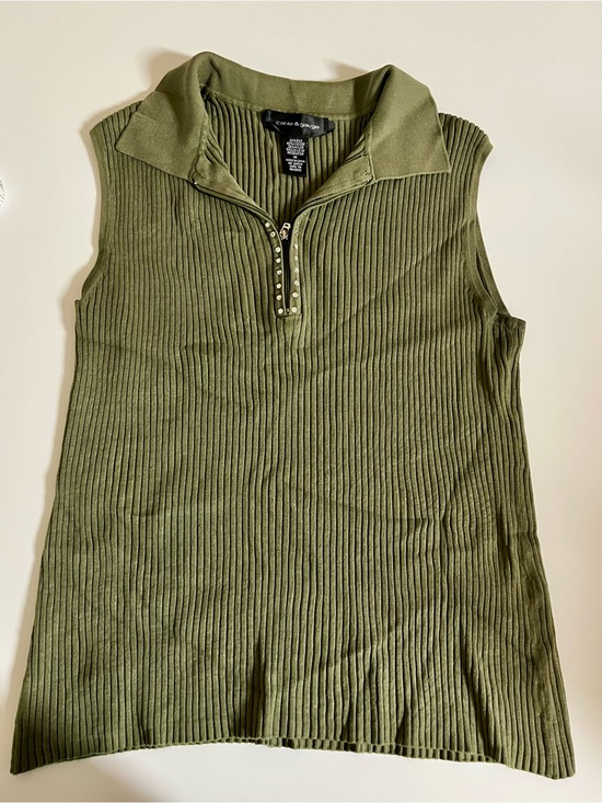 Cable & Gauge Tops - Cable & Gauge Olive Ribbed Sleeveless Zip Polo Tank